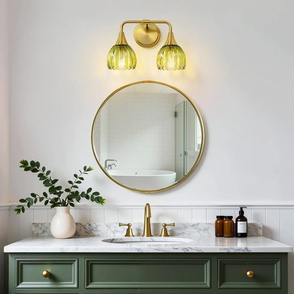 New 2-Light Vintage Vanity Fixture Brushed Gold Green Tulip Glass Bathroom